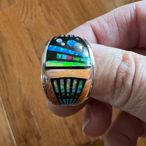 Colorful, Multi-Gemstone, Sterling Silver Inlay Statement Ring - Picture 8 of 17